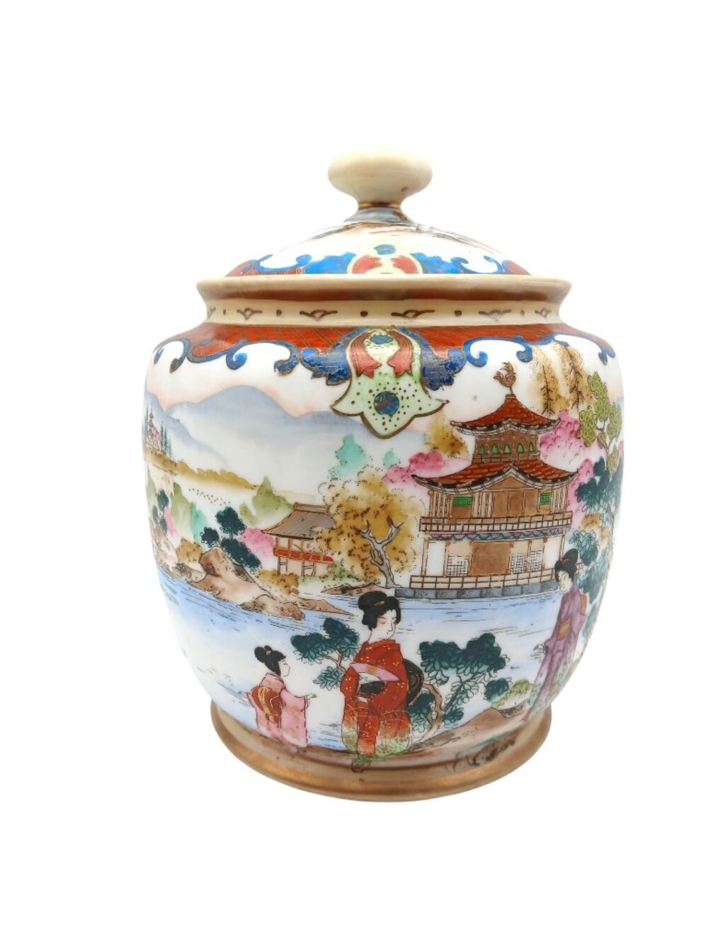 Noritake Scenic Covered Biscuit Jar Geisha Pagoda Hand Painted 6" M Wreath